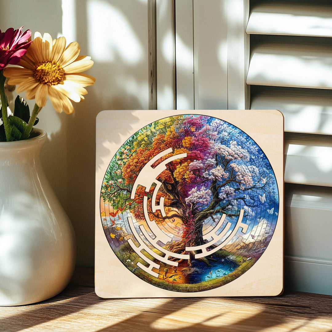 Colorful Tree of Life maze puzzle, designed for mind games and enhancing focus, displayed with flowers and natural light.