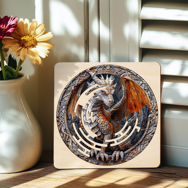 Detailed jigsaw puzzle featuring a mighty dragon in a maze design, promoting focus and smart gaming.