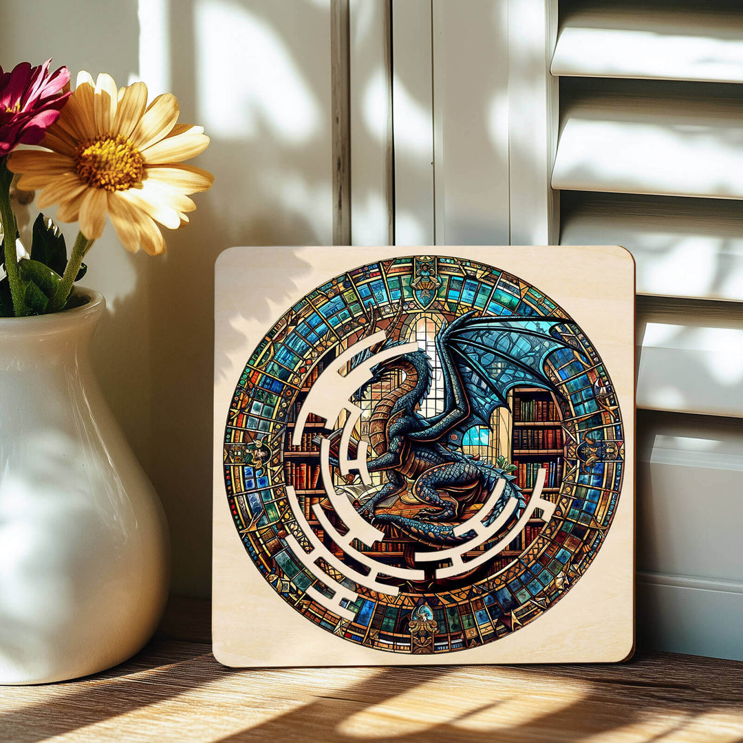 Maze Puzzles¡ªLibrary Dragon jigsaw puzzle featuring a dragon amidst colorful stained glass and a book-filled labyrinth.