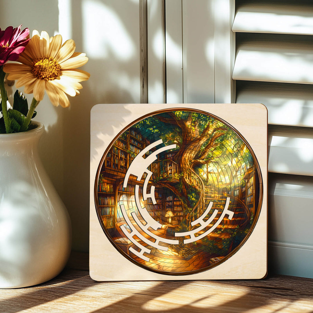 Colorful Maze Puzzle featuring a serene library scene with a tree, designed for focus and mind games.