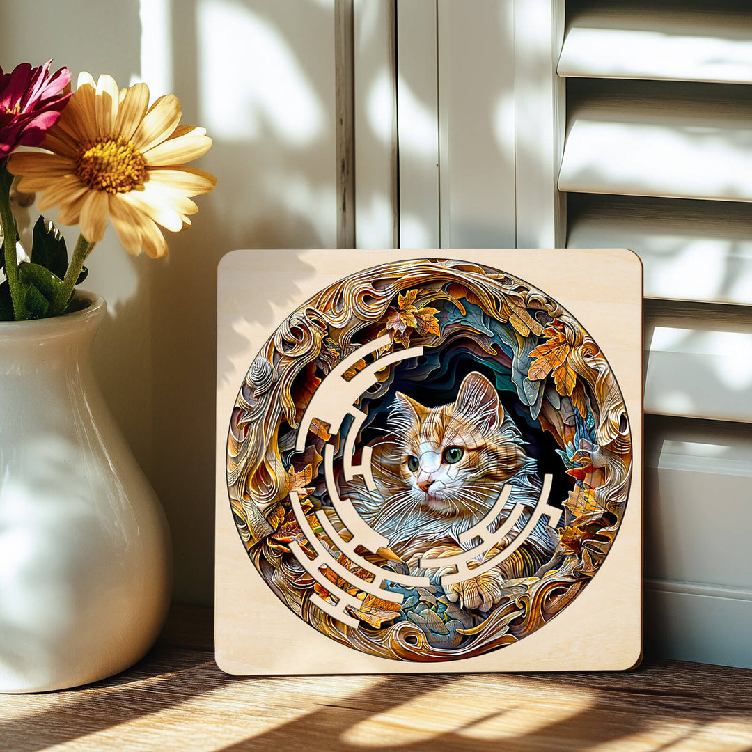 Maze Puzzles Autumn Cat: a creative jigsaw puzzle featuring a cat surrounded by autumn leaves and intricate designs.