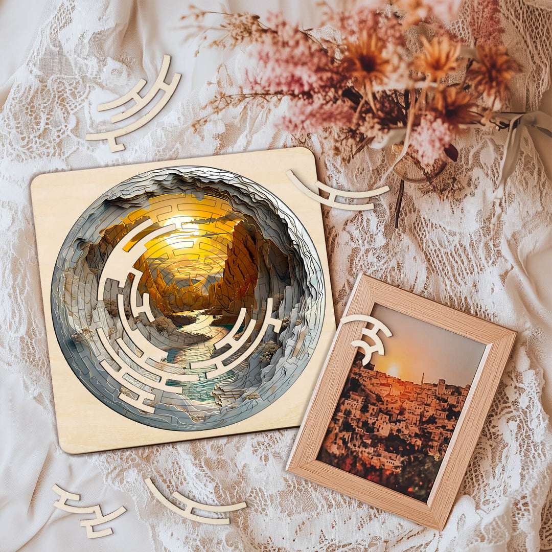 Maze Puzzles Golden River jigsaw puzzle displayed on a table with decorative elements and a framed photo.