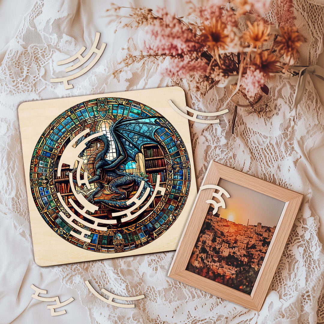 Maze Puzzles¡ªLibrary Dragon featuring intricate design, wooden pieces, perfect for brain games and puzzle enthusiasts.