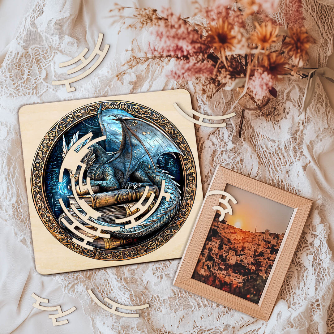 Maze Puzzles¡ªAncient protector on a lace background, featuring intricate dragon design and puzzle pieces for mental focus.