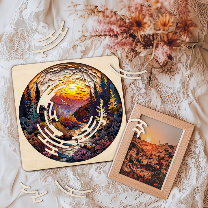 Colorful Autumn Forest maze puzzle with wooden pieces, surrounded by dried flowers and a framed photo.