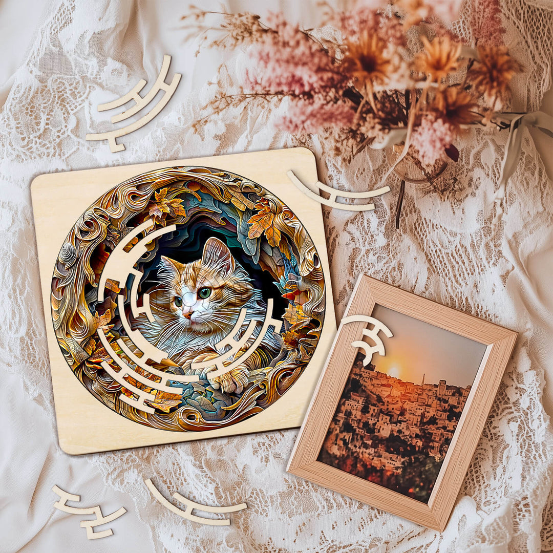 Maze puzzle featuring a colorful autumn cat design surrounded by floral elements on a textured background.