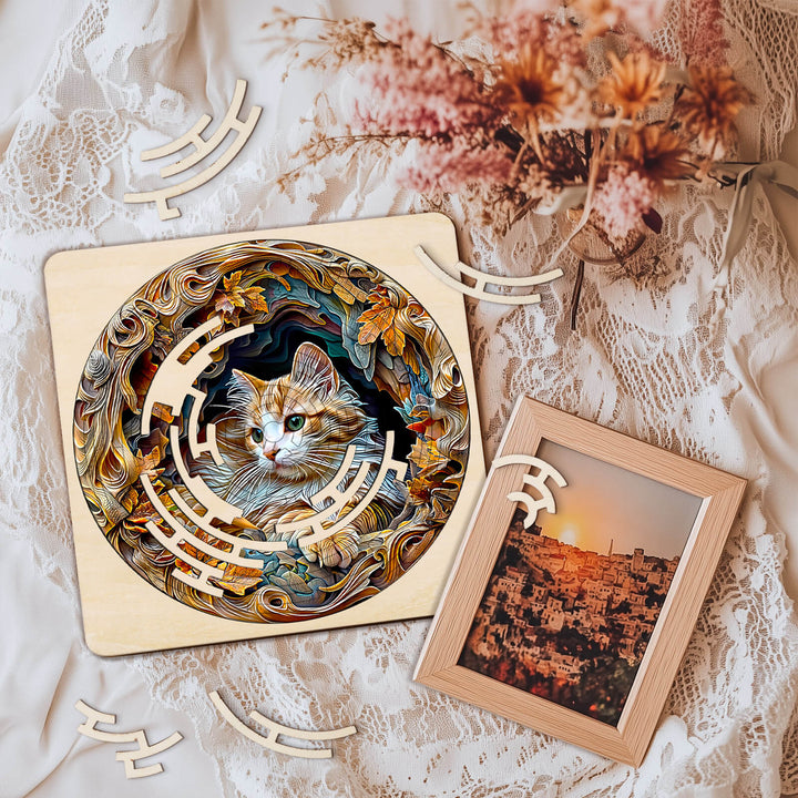 Maze puzzle featuring a colorful autumn cat design surrounded by floral elements on a textured background.