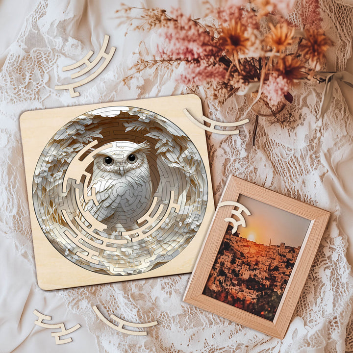 Maze Puzzles Elegant Owl on soft fabric, featuring wooden pieces and a framed photo in the background, ideal for mindful play.