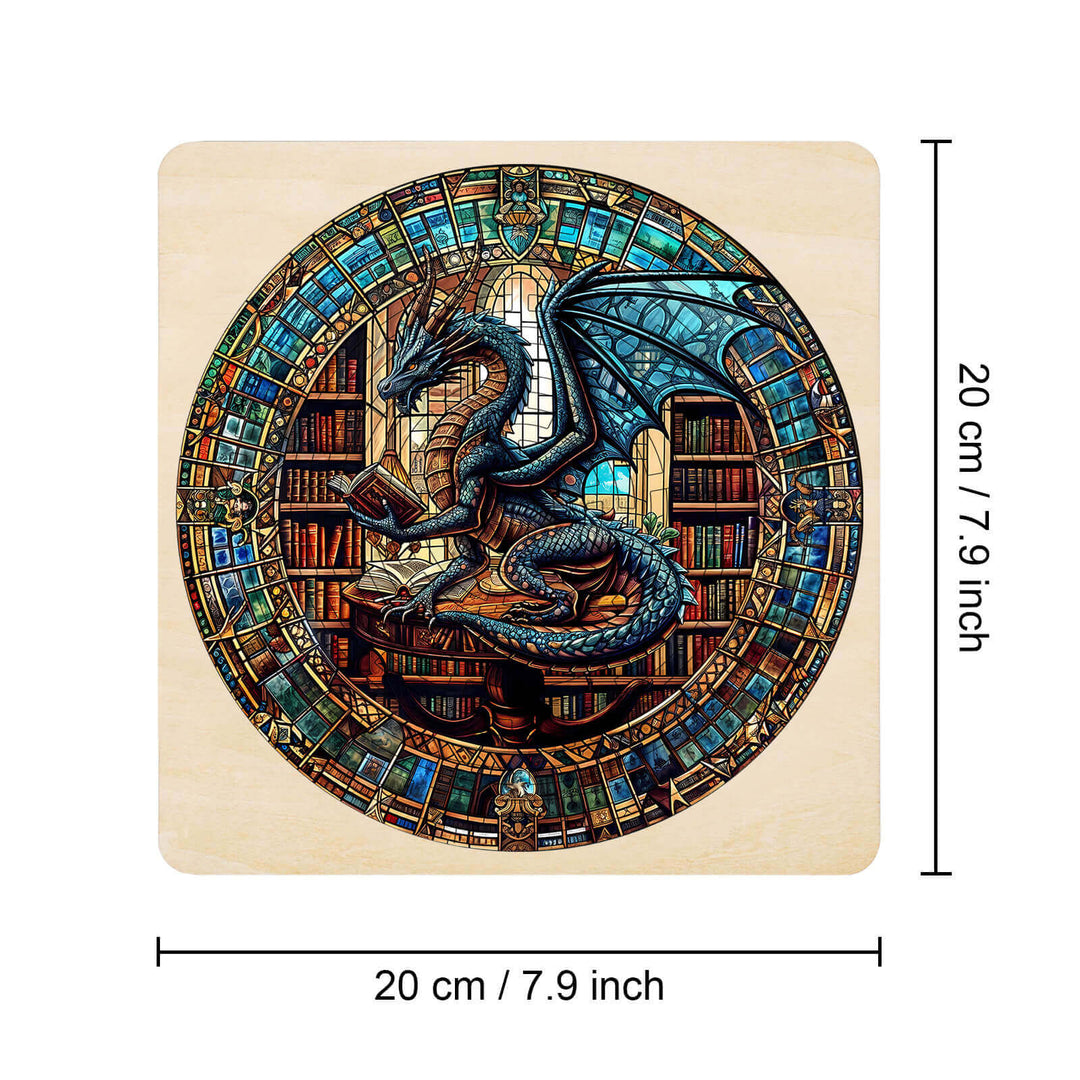 Maze Puzzles Library Dragon: A stained glass dragon amongst books, measuring 20 cm, perfect for puzzle enthusiasts.