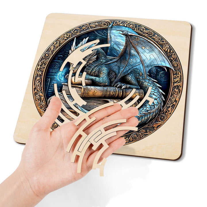 Hand holding wooden maze pieces beside a colorful dragon-themed jigsaw puzzle for focused mind games.