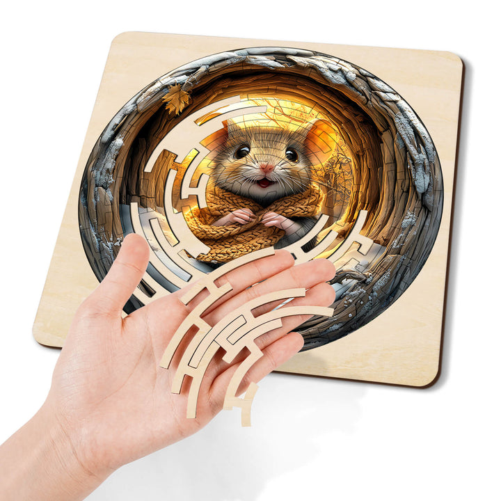 A hand holding wooden maze pieces with a cute mouse design in a circular wooden puzzle.
