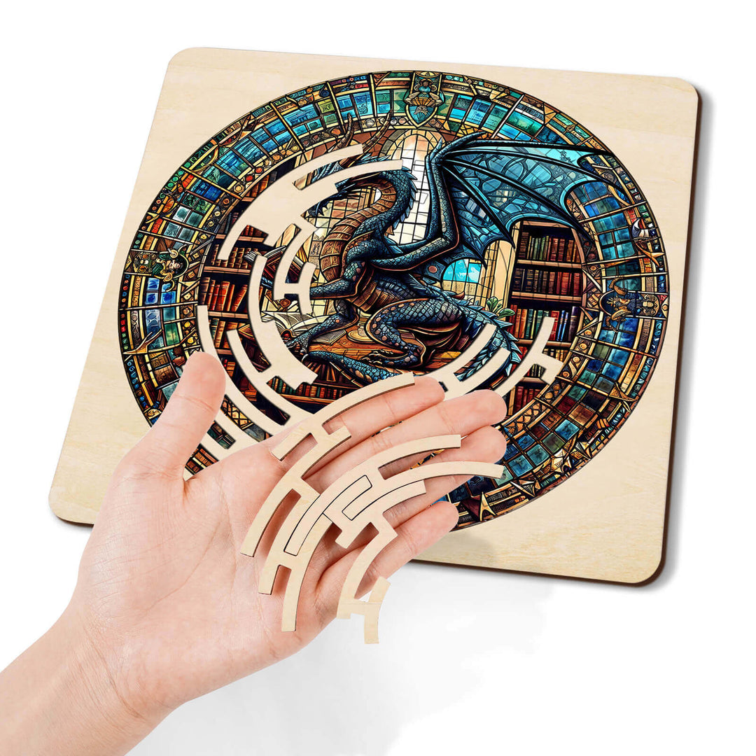 Maze Puzzles¡ªLibrary Dragon featuring a colorful dragon design with wooden puzzle pieces for brain training and focus.