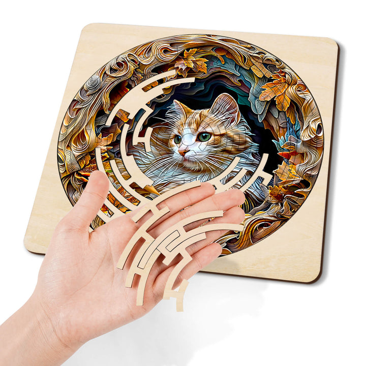 Maze Puzzles¡ªAutumn Cat featuring a detailed cat design and a hand holding a wooden maze piece for mind games.