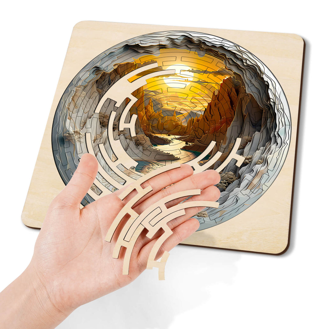 Hand holding pieces of Maze Puzzles¡ªGolden River, a 3D jigsaw puzzle depicting a beautiful golden river.