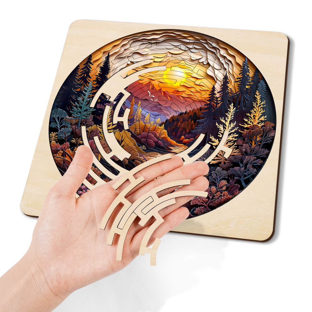 Hand holding wooden maze pieces above vibrant autumn forest puzzle, perfect for improving focus and cognitive skills.