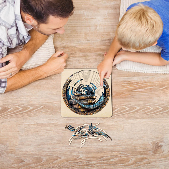 Father and son solving the Maze Puzzles¡ªAncient protector on a wooden floor, enhancing focus and critical thinking.