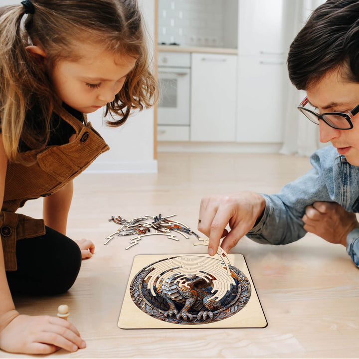 Adult and child solving a Mighty Dragon maze puzzle on the floor, enhancing focus and problem-solving skills.