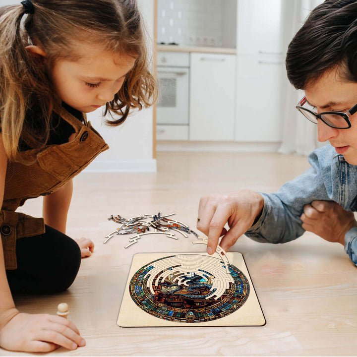 A child and an adult assembling the Maze Puzzles¡ªLibrary Dragon jigsaw puzzle on the floor, promoting focus and cognitive skills.