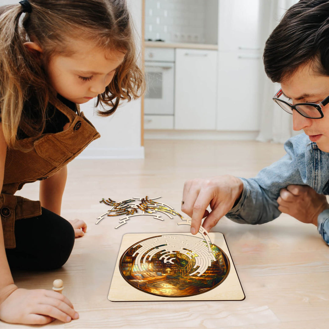 A child and an adult engaged in solving a maze puzzle on the floor, promoting focus and problem-solving skills.