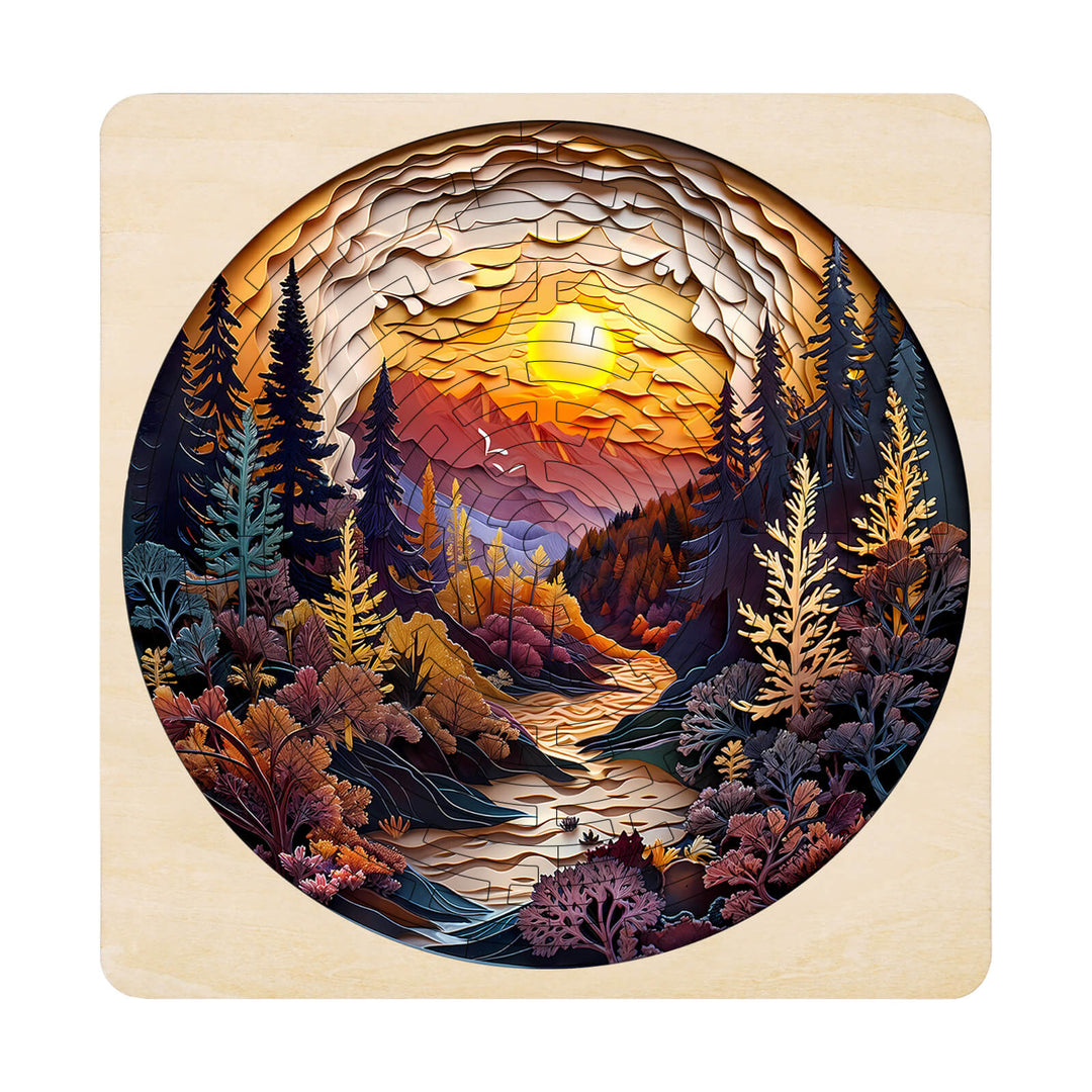 Maze Puzzles¡ªAutumn Forest image showcasing a vibrant jigsaw puzzle landscape of an autumn scene.