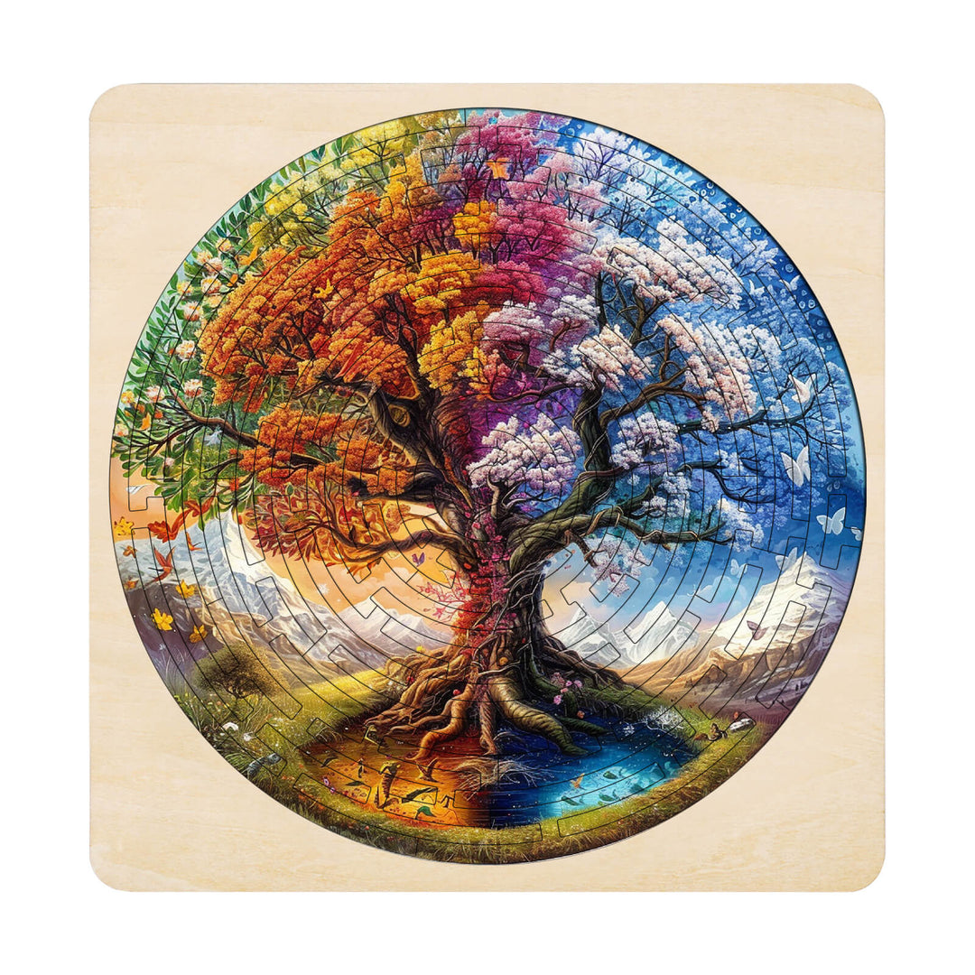 Colorful Tree of Life maze puzzle showcasing seasonal changes in vibrant hues for an engaging jigsaw experience.