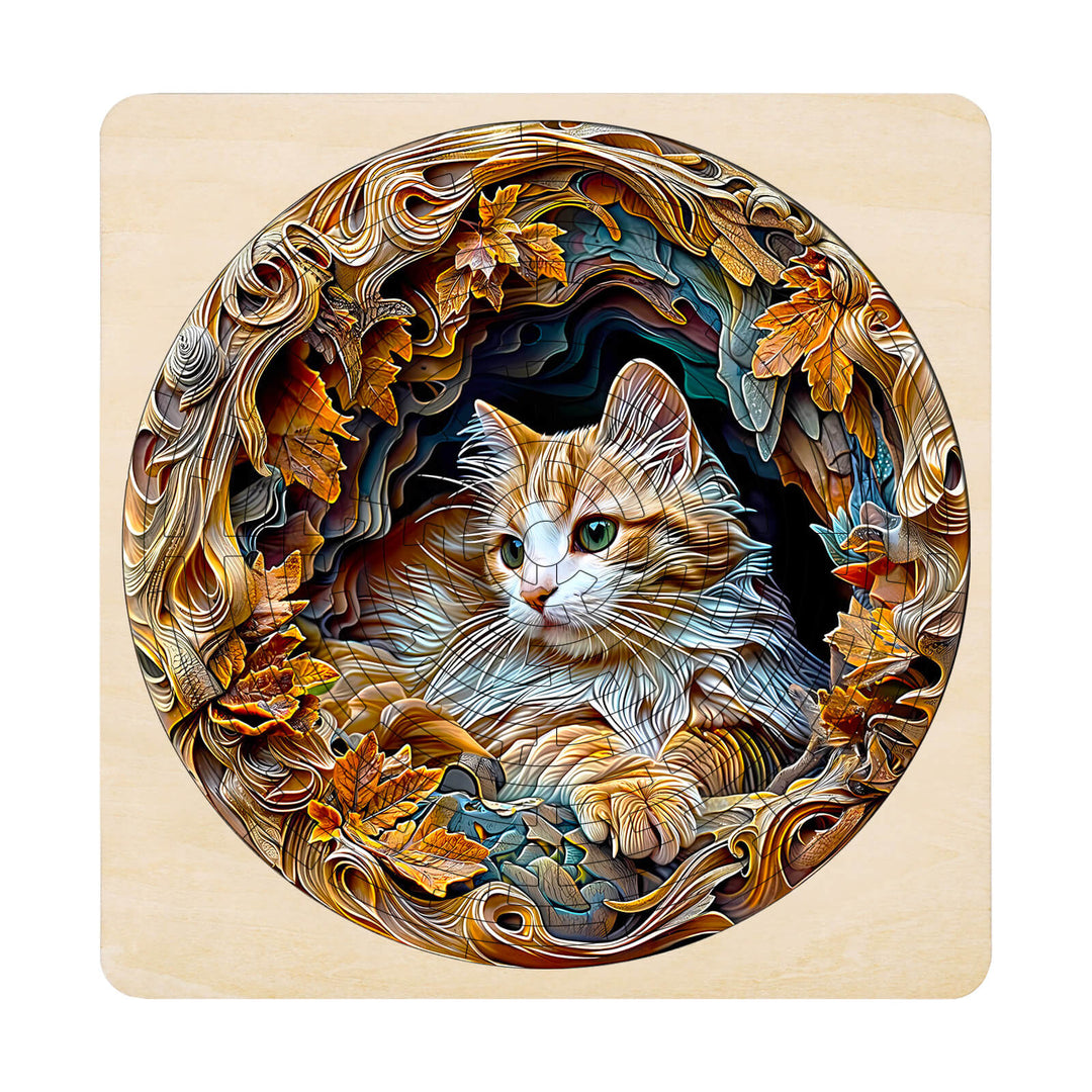 Maze Puzzles¡ªAutumn Cat featuring a detailed illustration of a cat surrounded by autumn leaves.