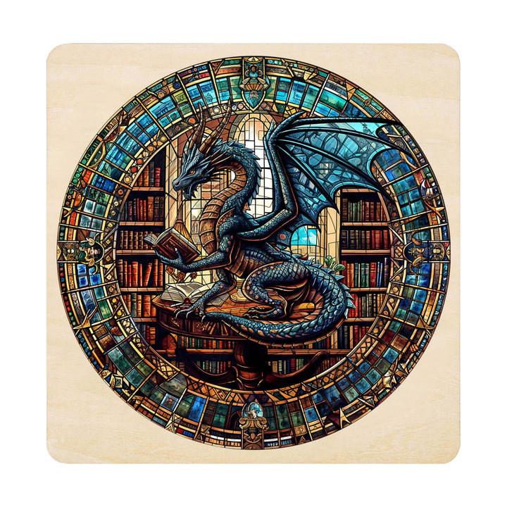 Intricate stained glass puzzle featuring a dragon in a library, perfect for mind games and improving focus.