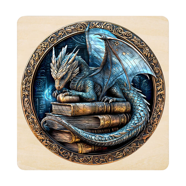 Maze Puzzles featuring an ancient dragon guardian over books, enhancing focus and intelligence through jigsaw solving.