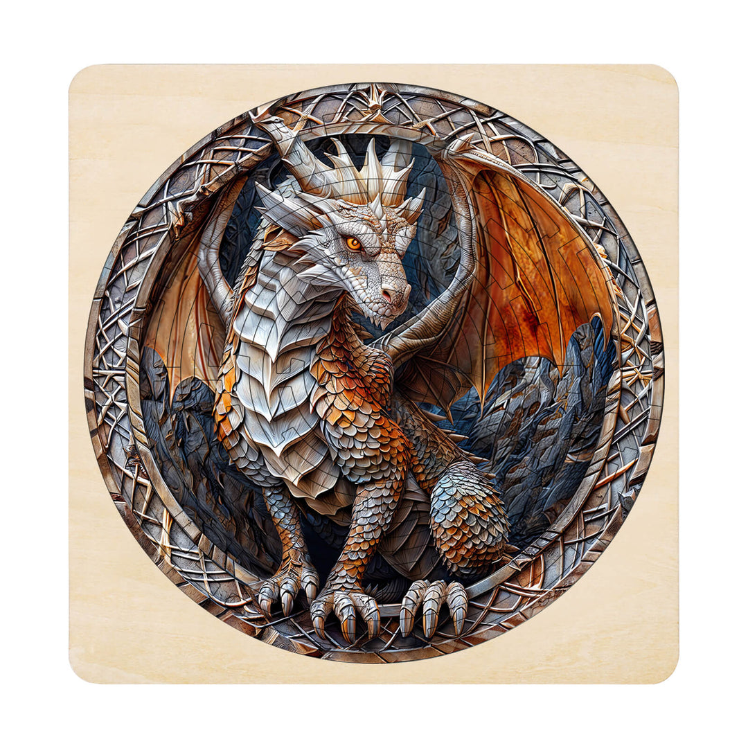 Intricate wooden jigsaw puzzle featuring a mighty dragon in vibrant colors, designed for puzzle lovers and mind games.