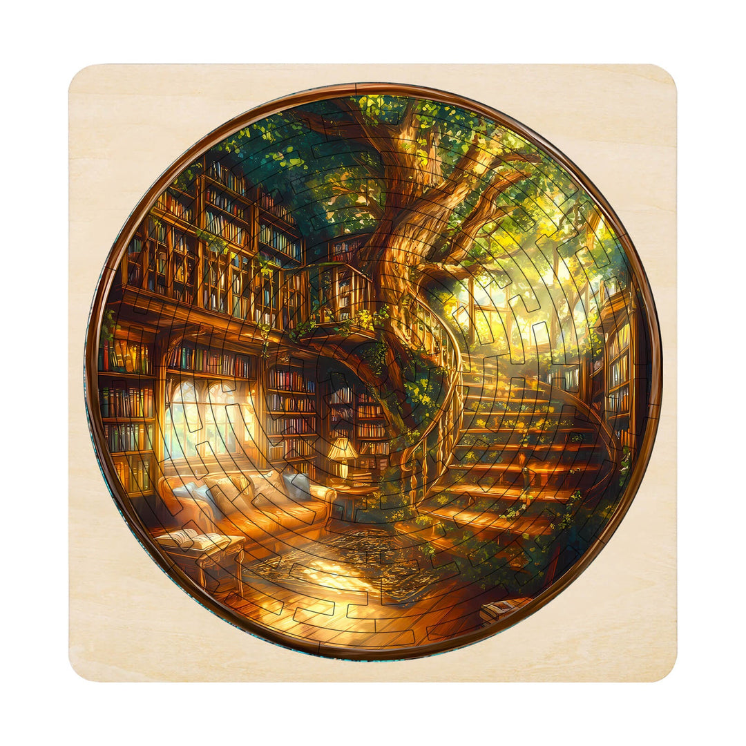 Circular maze puzzle depicting a cozy library with bookshelves and a tree, ideal for focused entertainment.
