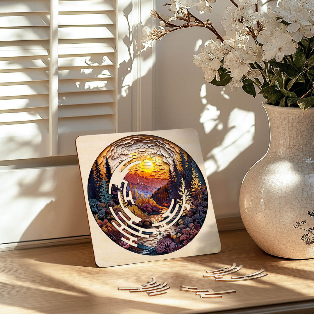 Maze Puzzles¡ªAutumn Forest on a wooden table, showcasing intricate design and vivid autumn colors, perfect for brain training.