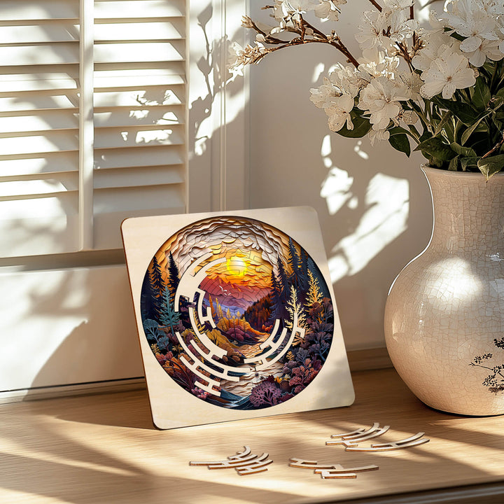 Maze Puzzles¡ªAutumn Forest on a wooden table, showcasing intricate design and vivid autumn colors, perfect for brain training.