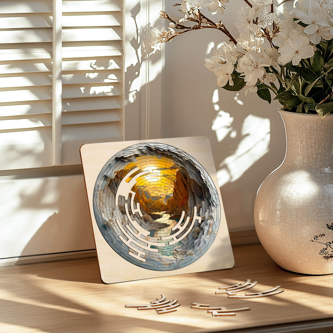 Maze Puzzles¡ªGolden River placed on a table, surrounded by flowers, showcasing its intricate jigsaw design.