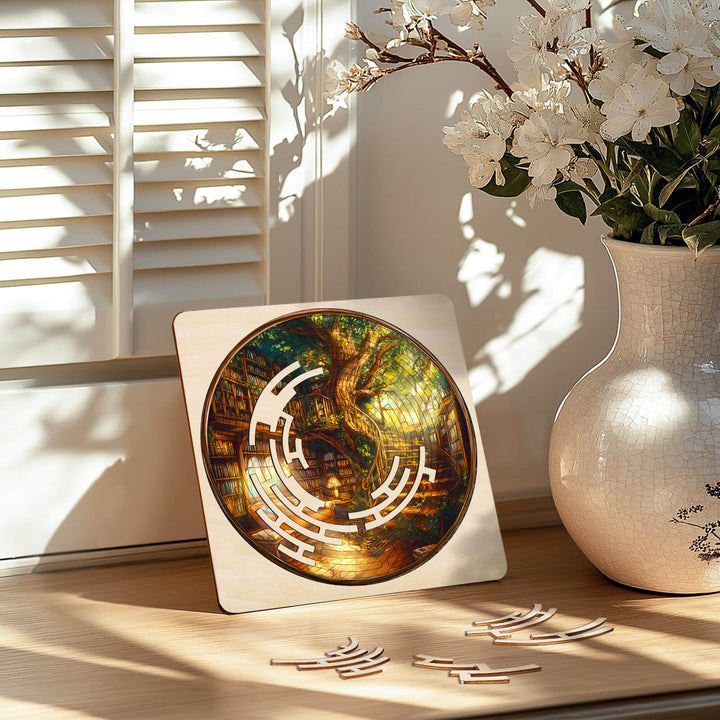 Maze Puzzles¡ªQuiet Library: intricate wooden maze puzzle with a serene library backdrop and blooming flowers.