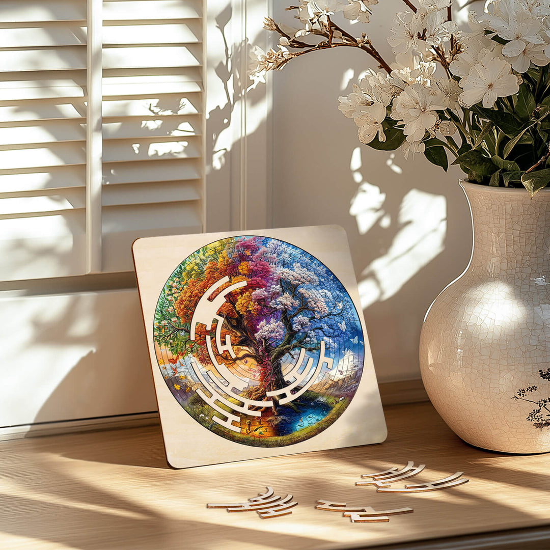 Colorful Tree of Life maze puzzle on a wooden table with a vase and flowers, promoting focus and mental agility.