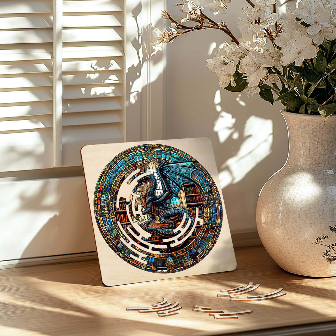 Maze Puzzles¡ªLibrary Dragon jigsaw puzzle displayed in a sunlit room with flowers, promoting focus and mental skills.