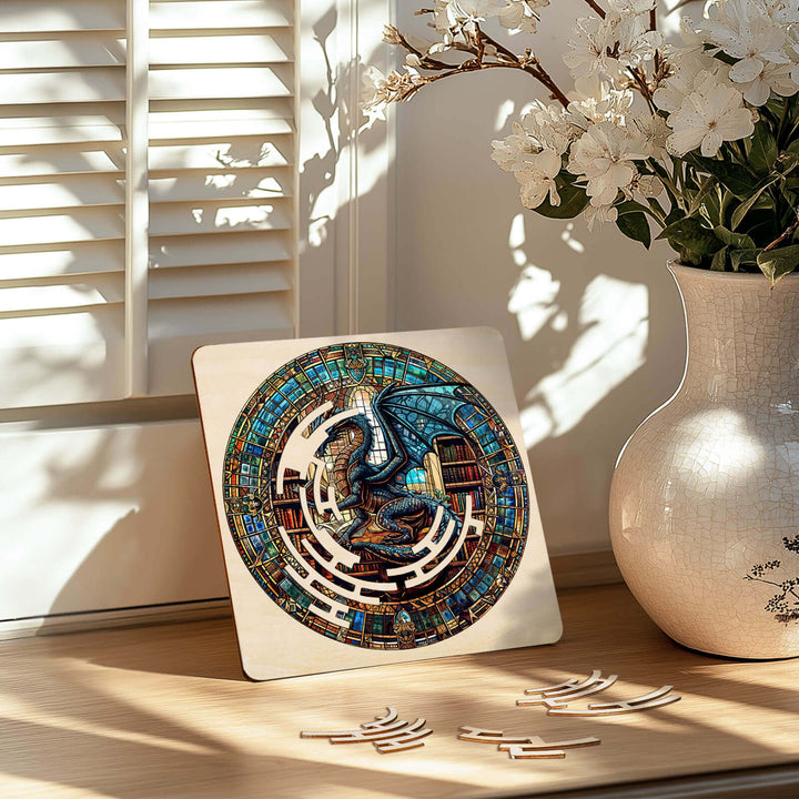 Maze Puzzles¡ªLibrary Dragon jigsaw puzzle displayed in a sunlit room with flowers, promoting focus and mental skills.