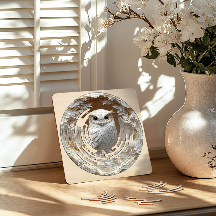 Elegant owl maze puzzle displayed on a wooden table, surrounded by flowers and sunlight, perfect for mind games.
