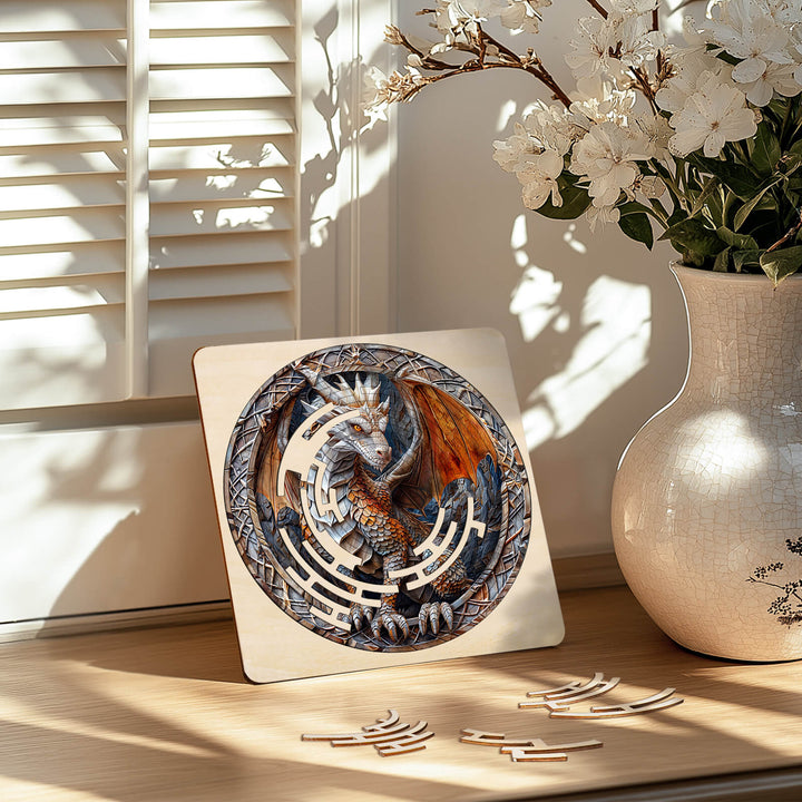 Maze Puzzles¡ªMighty Dragon on a wooden surface, surrounded by flowers, enhancing focus and cognitive skills.