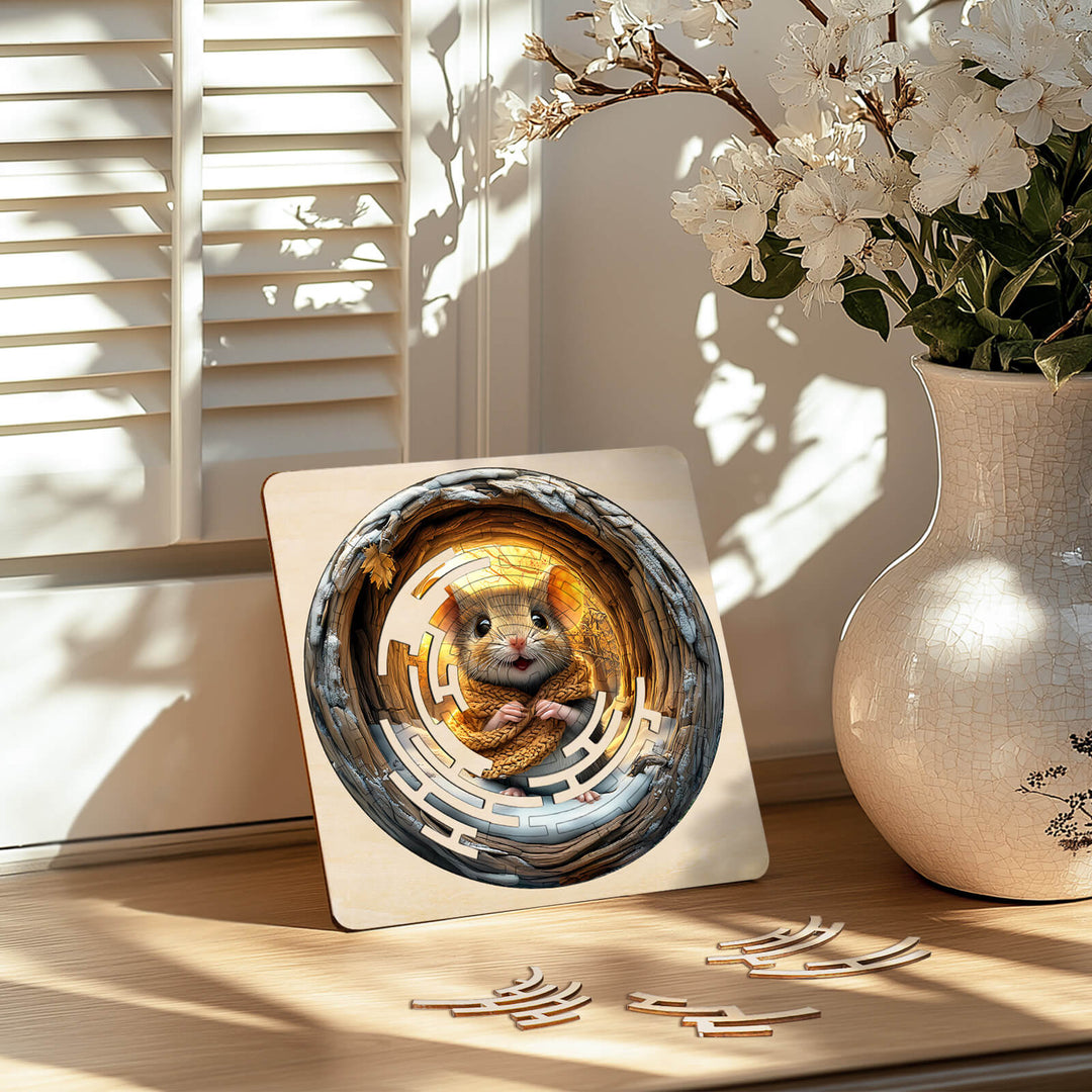 Cute mouse jigsaw maze puzzle displayed in a sunlit room, promoting focus and mindfulness through fun brain games.