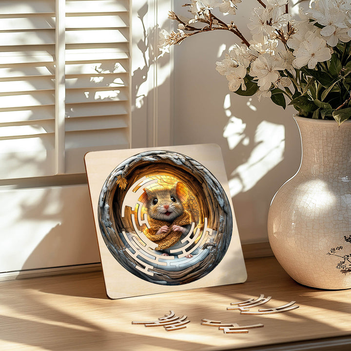 Cute mouse jigsaw maze puzzle displayed in a sunlit room, promoting focus and mindfulness through fun brain games.