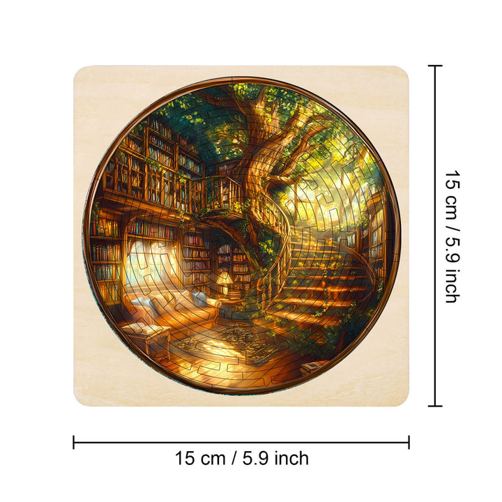 Maze Puzzles¡ªQuiet Library jigsaw puzzle featuring a serene library with a winding staircase and tree, 15 cm / 5.9 inch.