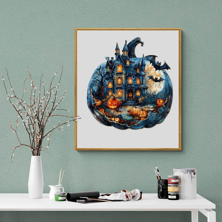 Halloween Pumpkin wooden jigsaw puzzle featuring a haunted house, pumpkins, and bats for a fun mind game experience.