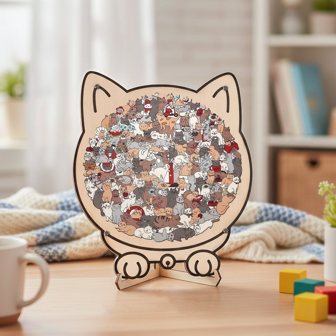 Morandi-Colored Cat Shaped Wooden Jigsaw Puzzle