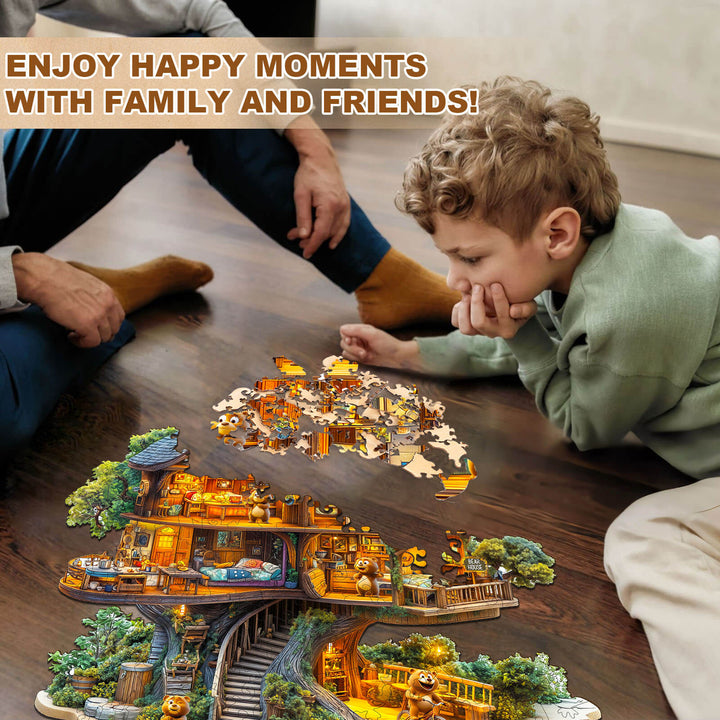 A child and adult enjoying a Bear House wooden jigsaw puzzle, creating happy family moments together.