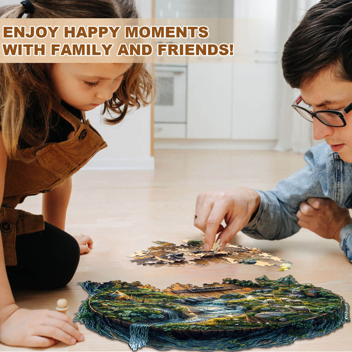 Family enjoying quality time together while assembling a Forest guitar wooden jigsaw puzzle on the floor.