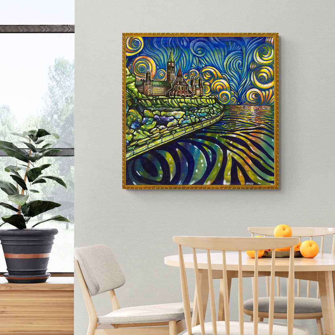Vibrant artwork by Sarah Bradfield, featuring swirling skies and a serene riverscape, perfect for art lovers and homes.