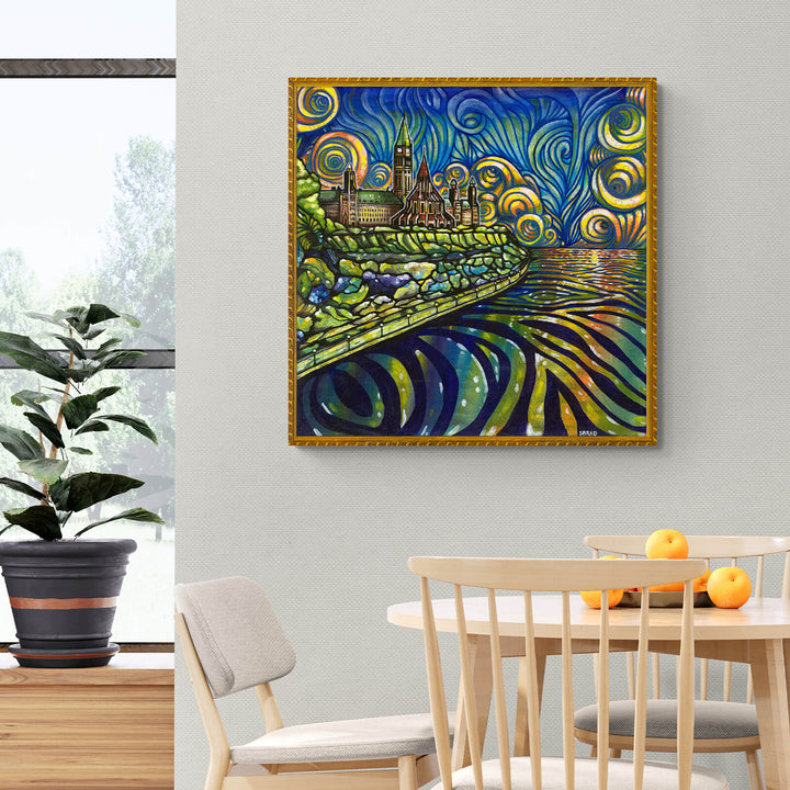Vibrant artwork by Sarah Bradfield, featuring swirling skies and a serene riverscape, perfect for art lovers and homes.