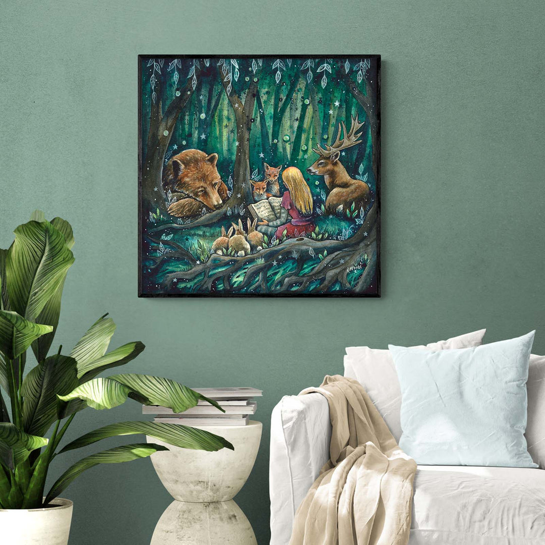 The Storyteller by Kathryn Fedora, whimsical forest scene with animals gathered around a storyteller.