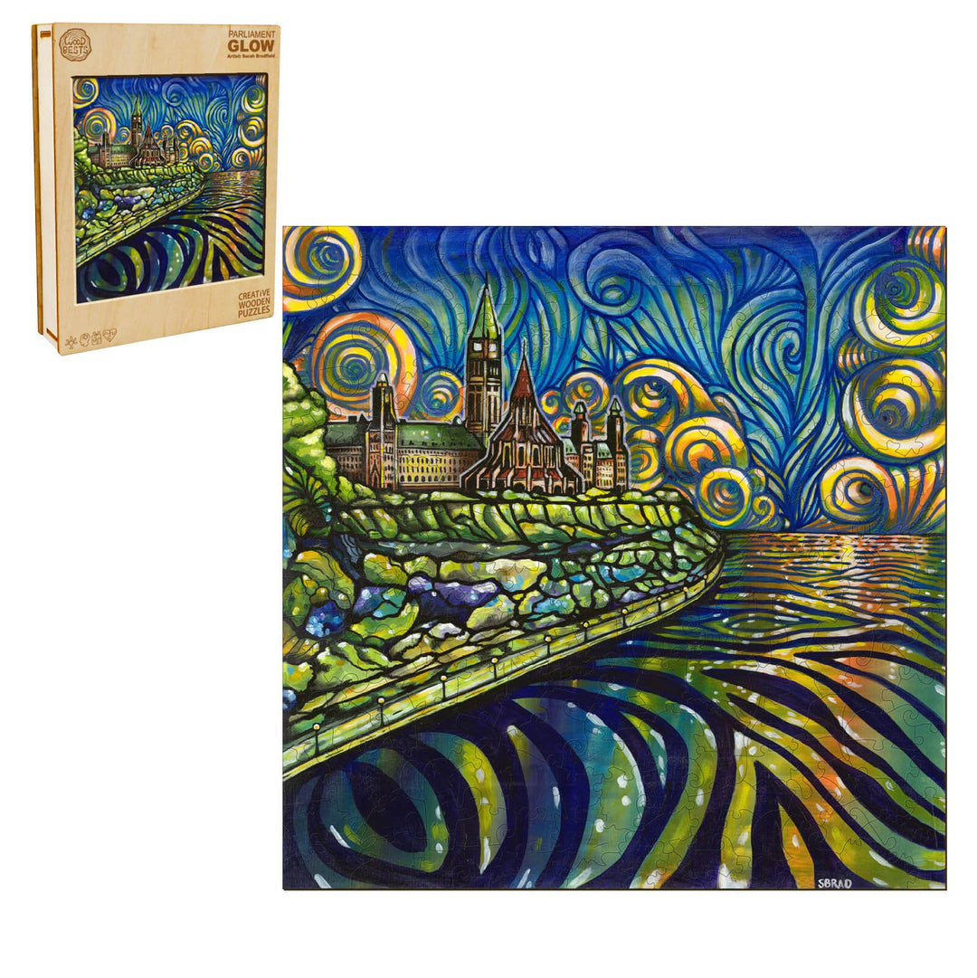 Parliament Glow artwork by Sarah Bradfield, featuring vibrant colors and a swirling starry sky over a reflective river.
